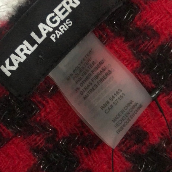 Karl Lagerfeld Crimson & Black Plaid Rectangular Scarf Eiffel Tower Patch NWT - Picture 7 of 16